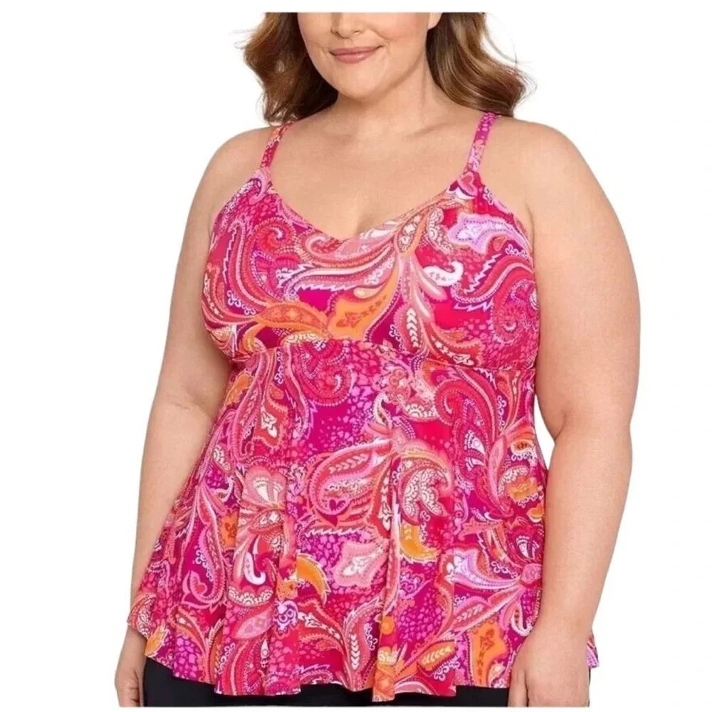 Swim Solutions Plus Size Underwire Paisley Tankini Swim Top Pink Size 18 NWT